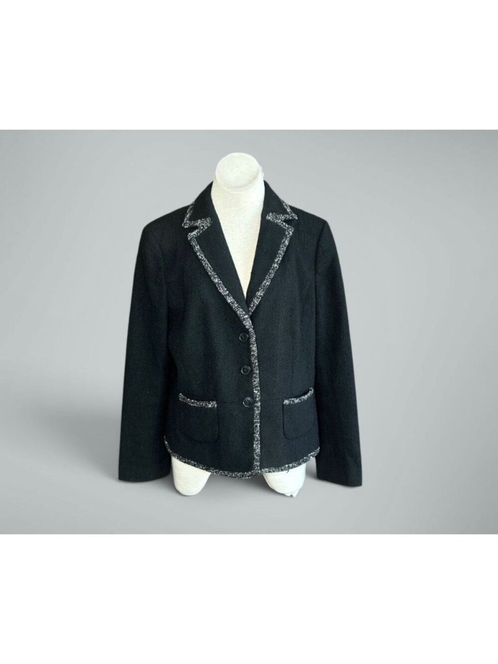 Ann Taylor Black Woven Classic Blazer with Tweed Trim Business Career Size 16